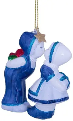 Vondels glazen kerstbal kussend jongen en meisje 10cm wit, blauw - afbeelding 1