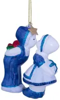 Vondels glazen kerstbal kussend jongen en meisje 10cm wit, blauw - afbeelding 1