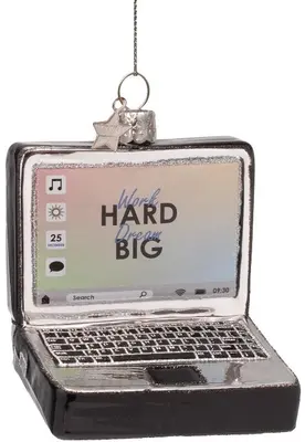 Vondels glazen kerstbal laptop 10cm zwart, zilver - afbeelding 1