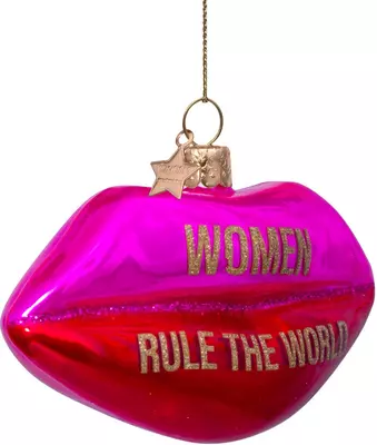 Vondels glazen kerstbal lippen 'woman rule the world' 7.5cm roze - afbeelding 2