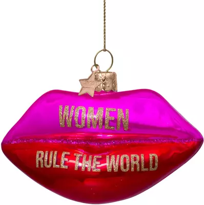 Vondels glazen kerstbal lippen 'woman rule the world' 7.5cm roze - afbeelding 5