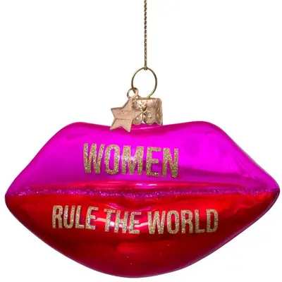 Vondels glazen kerstbal lippen 'woman rule the world' 7.5cm roze  - afbeelding 5