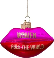 Vondels glazen kerstbal lippen 'woman rule the world' 9.5cm roze - afbeelding 1