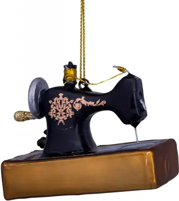 Vondels glazen kerstbal naaimachine 9cm zwart, goud - afbeelding 3