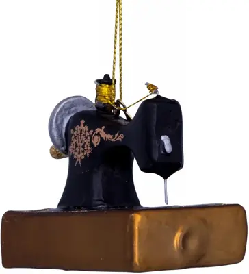 Vondels glazen kerstbal naaimachine 9cm zwart, goud - afbeelding 4