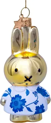 Vondels glazen kerstbal Nijntje met delfts blauwe jurk 11cm goud - afbeelding 1