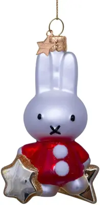 Vondels glazen kerstbal Nijntje met rode jurk op ster 10.5cm wit - afbeelding 1