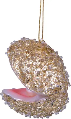 Vondels glazen kerstbal oester met parel 7cm goud - afbeelding 2