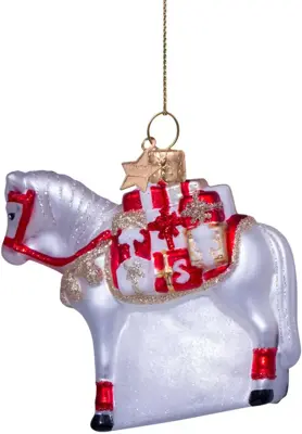 Vondels glazen kerstbal paard van sinterklaas 9cm wit, rood - afbeelding 4