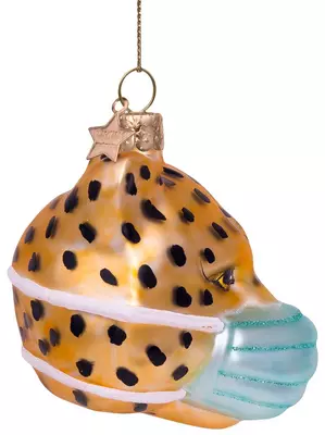 Vondels glazen kerstbal panter met mondkapje 7.5cm goud  - afbeelding 2