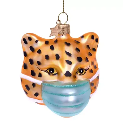 Vondels glazen kerstbal panter met mondkapje 7.5cm goud - afbeelding 1