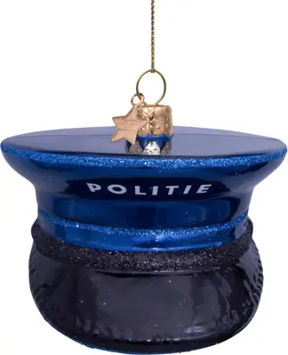 Vondels glazen kerstbal politiepet 8cm blauw - afbeelding 1