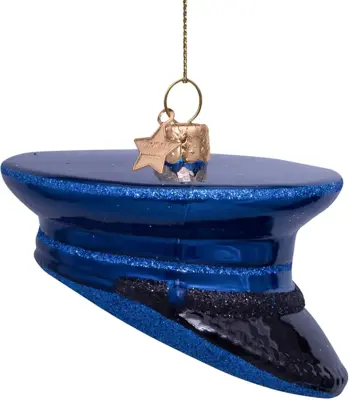 Vondels glazen kerstbal politiepet 8cm blauw - afbeelding 3