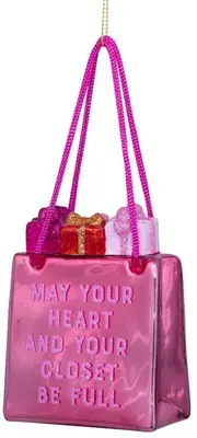 Vondels glazen kerstbal shopper met cadeautjes 8.5cm roze - afbeelding 1