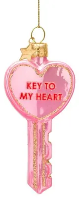 Vondels glazen kerstbal sleutel 'key to my heart' 8.5cm roze - afbeelding 1