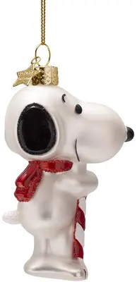 Vondels glazen kerstbal Snoopy met zuurstok 11cm wit, rood - afbeelding 1