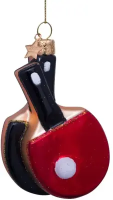 Vondels glazen kerstbal tafeltennis 9cm rood, zwart - afbeelding 1