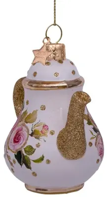 Vondels glazen kerstbal theepot met bloem 10cm goud, wit - afbeelding 2