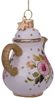 Vondels glazen kerstbal theepot met bloem 10cm goud, wit - afbeelding 3