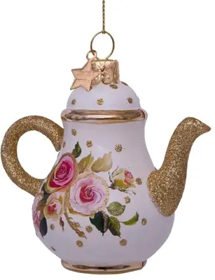 Vondels glazen kerstbal theepot met bloem 10cm goud, wit - afbeelding 1
