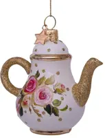 Vondels glazen kerstbal theepot met bloem 10cm goud, wit - afbeelding 1