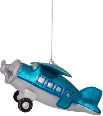 Vondels glazen kerstbal vliegtuig 12cm blauw - afbeelding 4