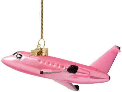 Vondels glazen kerstbal vliegtuig 4cm roze - afbeelding 1
