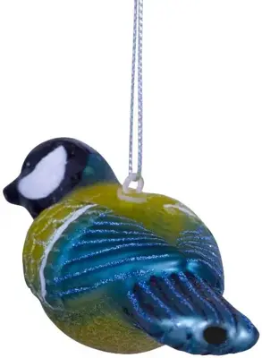 Vondels glazen kerstbal vogel koolmees 4.5cm geel, blauw - afbeelding 3