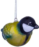 Vondels glazen kerstbal vogel koolmees 4.5cm geel, blauw - afbeelding 2