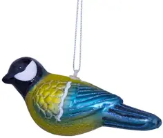 Vondels glazen kerstbal vogel koolmees 4.5cm geel, blauw - afbeelding 1