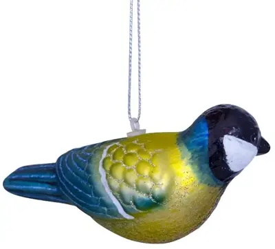 Vondels glazen kerstbal vogel koolmees 4.5cm geel, blauw - afbeelding 5