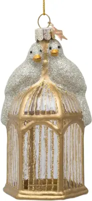 Vondels glazen kerstbal vogels op kooi 12cm goud - afbeelding 1