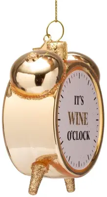 Vondels glazen kerstbal wekker 'it's wine o'clock' 9cm goud - afbeelding 2