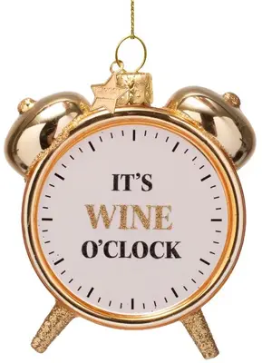 Vondels glazen kerstbal wekker 'it's wine o'clock' 9cm goud - afbeelding 1