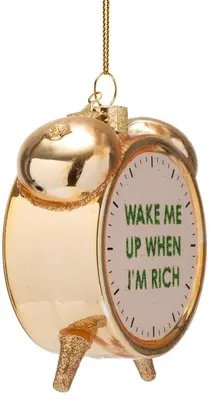 Vondels glazen kerstbal wekker 'wake me up when i'm rich' 9cm goud - afbeelding 3