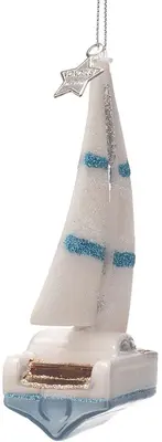 Vondels glazen kerstbal zeilboot 8cm wit, blauw - afbeelding 2