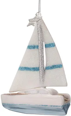 Vondels glazen kerstbal zeilboot 8cm wit, blauw - afbeelding 1