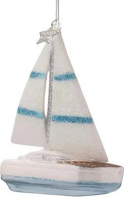 Vondels glazen kerstbal zeilboot 8cm wit, blauw - afbeelding 3