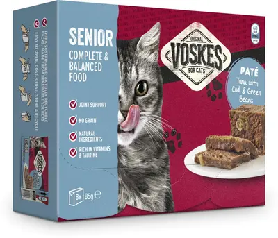 Voskes Senior kattenpaté multipack tonijn, kabeljauw & sperziebonen 8 x 85g