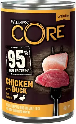 Wellness CORE hond 95% Duo Protein kip, eend & wortel 400g