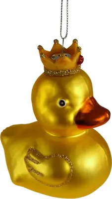 Werner Voss glazen kerst ornament eend met kroon 9cm geel
