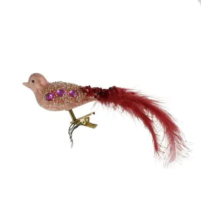 Werner Voss glazen kerst ornament vogel op clip 8cm roze