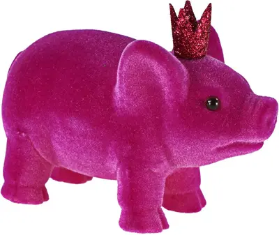Werner Voss kunststof kerst ornament varken met kroon 9.5cm magenta