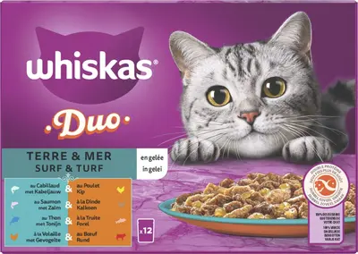 WHISKAS Natvoer voor volwassen katten  surf en turf in gelei 12*85g multipack