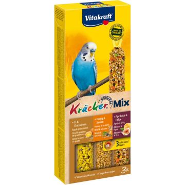 Vitakraft Trio Mix honing/sesam-ei/graszaad-appel/vijgkräcker parkiet, 3in1. (10)