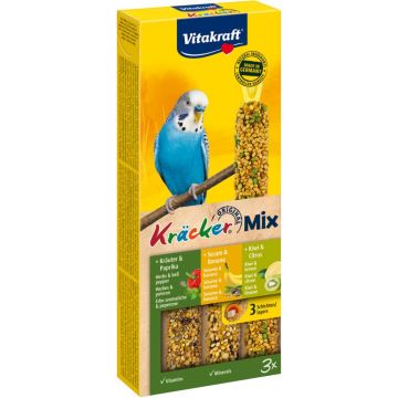 Vitakraft Trio Mix kruiden/paprika-sesam/banaan-kiwi/citruskräcker parkiet, 3in1. (10)