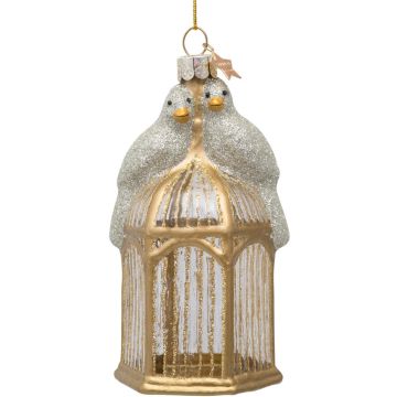 Vondels glazen kerstbal vogels op kooi 12cm goud