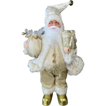 Kerstfiguur polyester kerstman met zak 15x10x30cm goud, wit