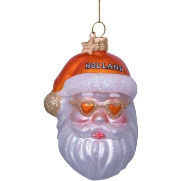 Vondels glazen kerstbal kerstman nederlands elftal met hartjesbril 10cm oranje