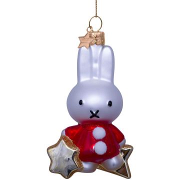 Vondels glazen kerstbal Nijntje met rode jurk op ster 10.5cm wit